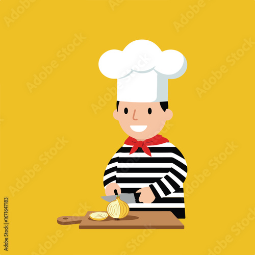 , keywords and category suggestions for the image

 Chef slicing an onion on a wooden cutting board in a yellow kitchen