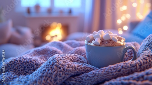 Cozy winter evening with hot chocolate and marshmallows by fireplace.
