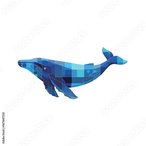 A vibrant, geometric representation of a whale gliding through water. The artwork highlights shades of blue, capturing the majesty of marine life. This design showcases creativity and style.