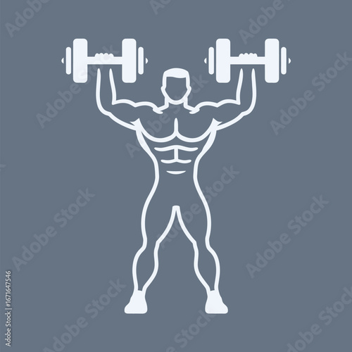 A muscular individual is lifting dumbbells above their head in a fitness studio. The focus is on physical strength and commitment to fitness during an intense workout session.