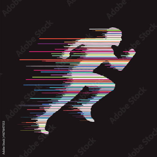 A vibrant silhouette of a runner dashes forward, surrounded by dynamic lines that emphasize movement and speed. The colorful streaks blend together, creating a sense of urgency and energy.