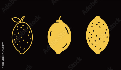 Set of lemon icons and illustrations on a black background, representing citrus fruit, healthy food, and kitchen concepts.
