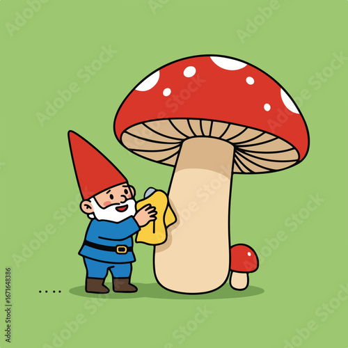 Gnome Cleaning a Mushroom in a Meadow