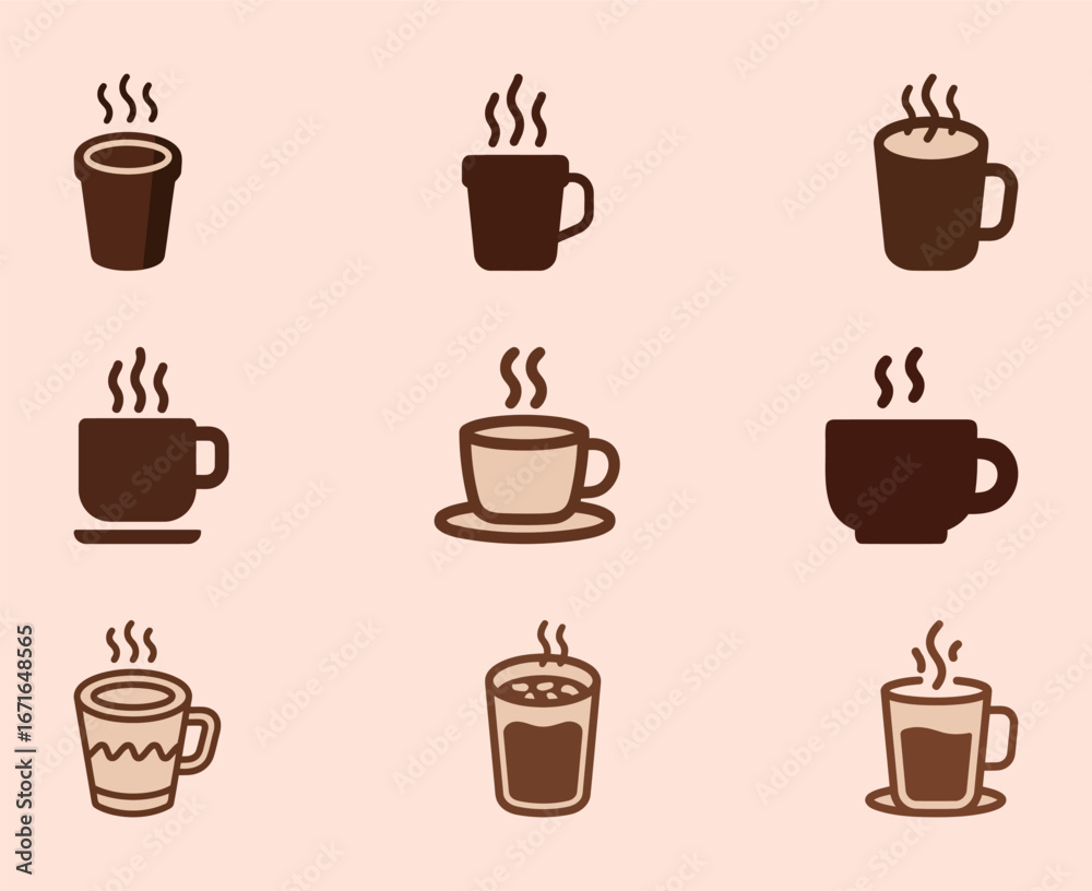 Obraz premium Set of coffee cup icons in a simple, flat style, representing hot drinks, caf�� culture, and morning routines.