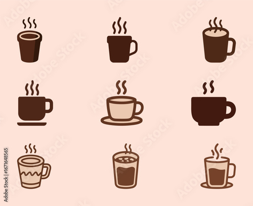 Set of coffee cup icons in a simple, flat style, representing hot drinks, caf�� culture, and morning routines.