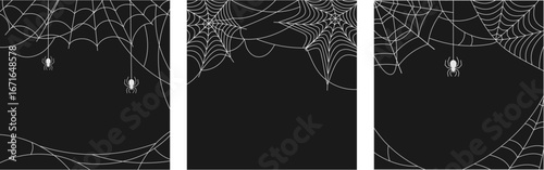 White Spider Web and spiders, cobweb on black square background set, Vector illustration