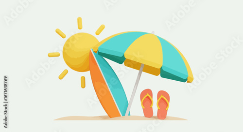 Beach scene featuring surfboard, umbrella, and flipflops resting on sand under bright sun evokes summer vacation vibes and relaxation at the coast.