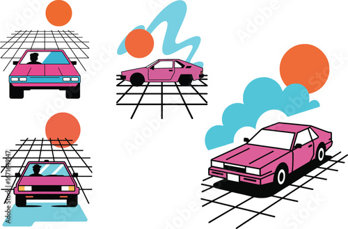 Retro Car cloud sun creative Illustration Graphics