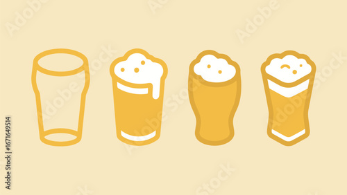 Set of beer glass icons with foam, representing alcoholic beverages, drinks, and bar concepts.