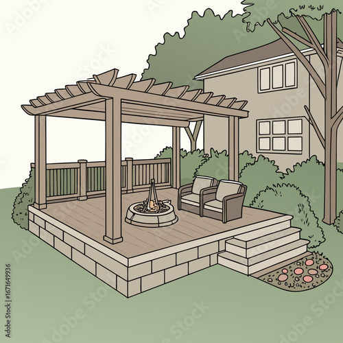 Illustration of a backyard deck with pergola, fire pit, and chairs, surrounded by trees and bushes near a house in the suburbs