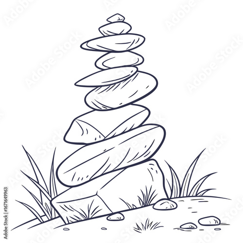 Illustration of a balanced stone stack in a zen garden, symbolizing peace and harmony, perfect for meditation themes