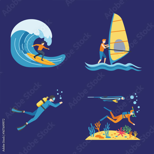 Watersports Surfing, Windsurfing and Diving Underwater in the Ocean Depths