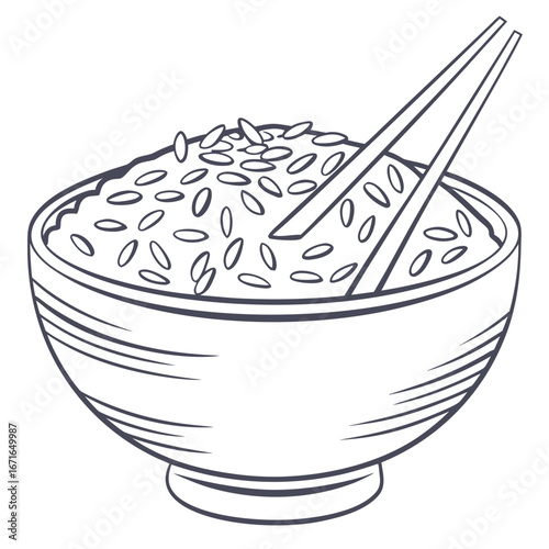 Illustration of a bowl of rice with chopsticks, a staple food in many asian cultures