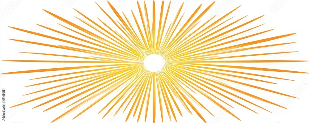 Fototapeta premium Radiant burst yellow lines emanating from a central white circle, creating a sense of light, energy and spreading outwards on a white background