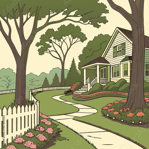 Illustration of a charming house with a lush green lawn, trees, and a winding path, capturing the essence of suburban living and homeownership