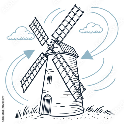 Illustration of a classic windmill with rotating blades, surrounded by wind swirls and clouds