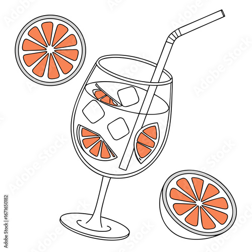 Illustration of a cocktail with orange slices and ice cubes, perfect for summer vacation and bar promotions