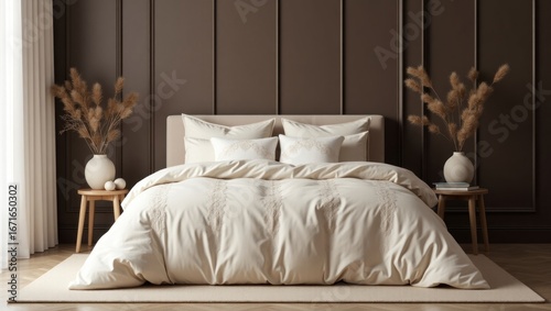A beautifully styled cream-colored bedroom, showcasing a meticulously crafted duvet cover with subtle embroidery, complemented by warm brown accents and dried pampas grass.