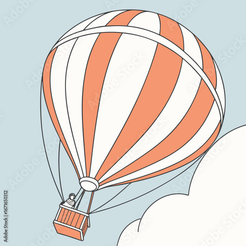 Illustration of a hot air balloon flying through the sky with clouds, a vintage style vector graphic design for travel and adventure