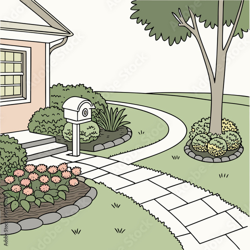 Illustration of a house with a wellmaintained yard, featuring a mailbox, flowers, trees, and a stone path leading to the entrance