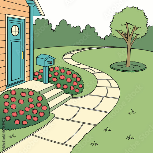 Illustration of a house with a winding stone walkway, garden, and mailbox showcasing landscaping design and residential property