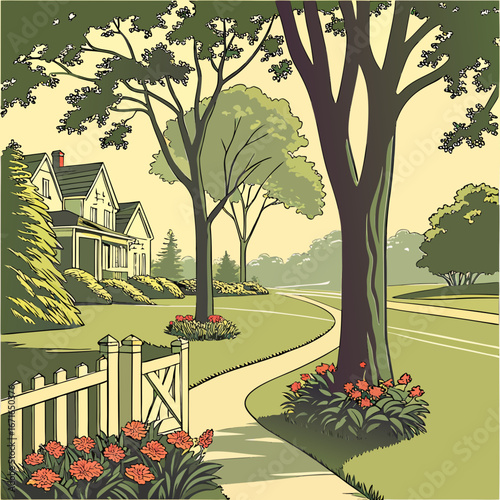 Illustration of a house with a green lawn, trees, and a path, capturing the essence of suburban living and homeownership in a peaceful setting