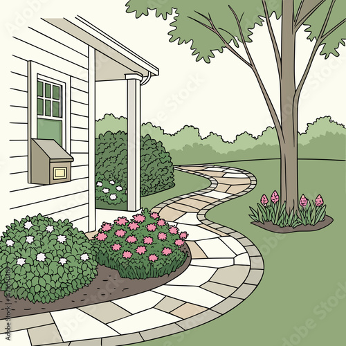Illustration of a house with a winding stone walkway, garden, and tree showcasing landscaping design and residential property appeal