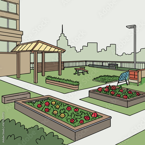 Illustration of a rooftop garden with planters, flowers, and a gazebo, set against a city skyline, creating a peaceful urban oasis