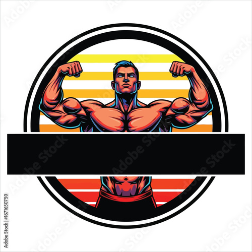 Retro bodybuilder flexing biceps in circular emblem