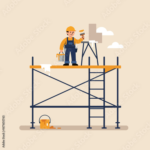 Worker Painting Wall on Scaffolding