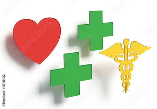 Three-dimensional symbols representing the healthcare industry, including a red heart for life, green crosses for first aid, and a golden medical emblem