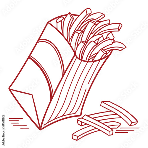 Illustration of french fries in a paper bag, with some fries scattered around, , perfect for fast food
