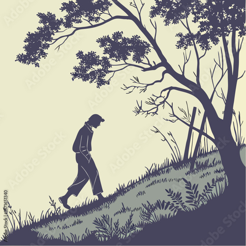 Vector art of a man walking up a grassy hill under a tree, a silhouette against the sky, enjoying a peaceful outdoor adventure