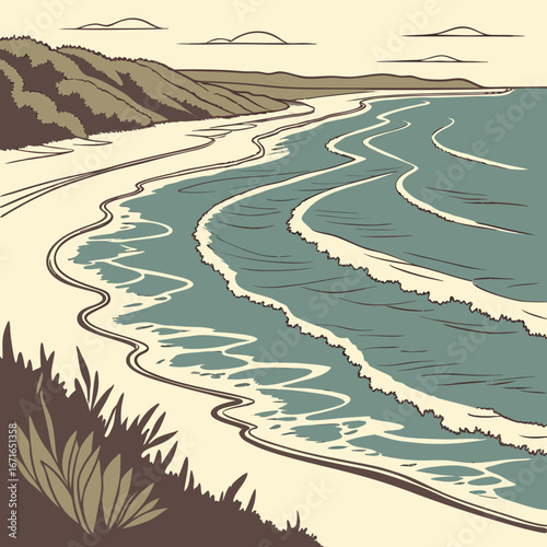 Vector art of a scenic beach landscape with gentle waves lapping the shore, showcasing a serene coastal view with hills and vegetation in the background