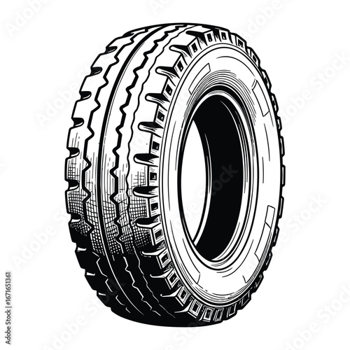 Detailed Tire Tread Illustration: Automotive Component Black and White Graphic Element