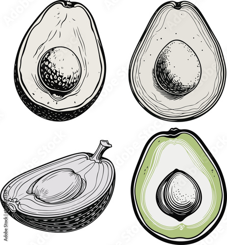 Minimal avocado half line art vector, abstract doodle style seed detail, clean black ink fruit illustration