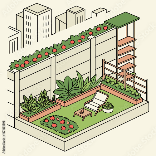 Vector art of a stylish rooftop garden oasis in the city, featuring modern furniture and lush greenery