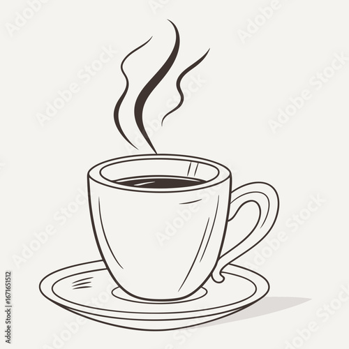 Vector art of a steaming cup of coffee on a saucer, , drawn in a simple line art style, perfect for a cafe or breakfast theme