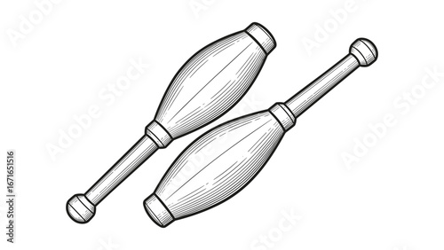 Detailed Line Art Illustration of Juggling Clubs for Circus Arts and Entertainment Theme