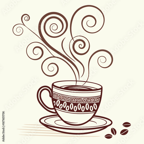 Vector art of aromatic coffee cup with swirling steam and decorative design, , perfect for a cozy cafe or restaurant menu