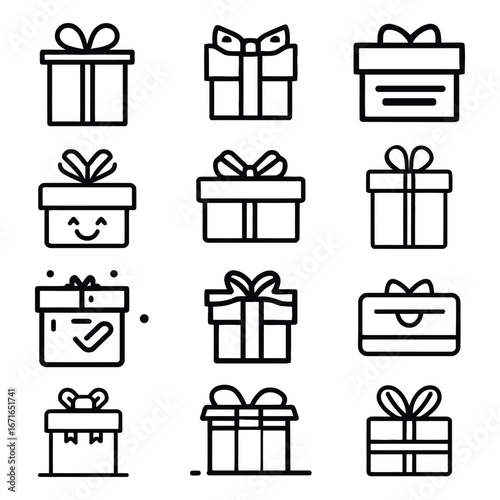 Collection of twelve different gift boxes with ribbons and bows in a simple black and white outline style