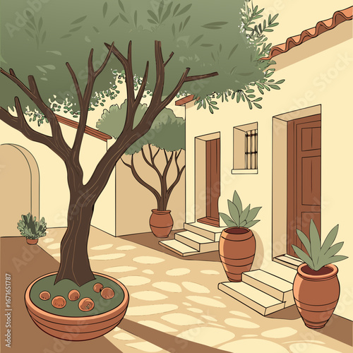 Vector art of charming mediterranean courtyard with olive tree, potted plants, and traditional architecture, evoking a sense of tranquility and oldworld charm