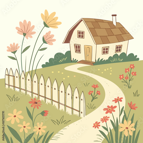 Vector art of charming country cottage with a flower garden and picket fence along a winding path, a peaceful rural scene with blooming flowers