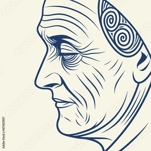 Vector art of detailed illustration of an elderly mans face in profile, showcasing the wisdom and experience etched in his wrinkles