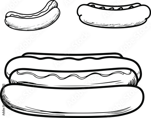 Minimal black and white line art hotdog vector, clean doodle outline, simple abstract sausage with bun, hand-drawn fast food icon