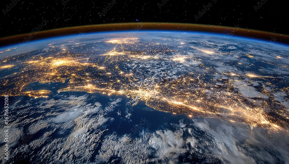 Fototapeta premium Earth at night, city lights illuminating continents. Vast expanse of the planet, illuminated by urban areas. Clouds drift over the dark blue oceans. Stars punctuate the inky blackness of space