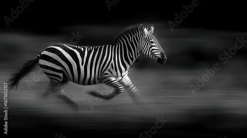 A majestic zebra gallops through a misty landscape, showcasing its striking black and white stripes