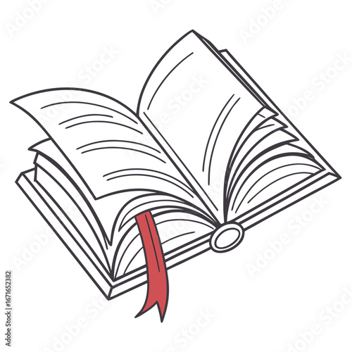Vector art of open book with blank pages and a red bookmark, inviting readers to immerse themselves in the world of literature