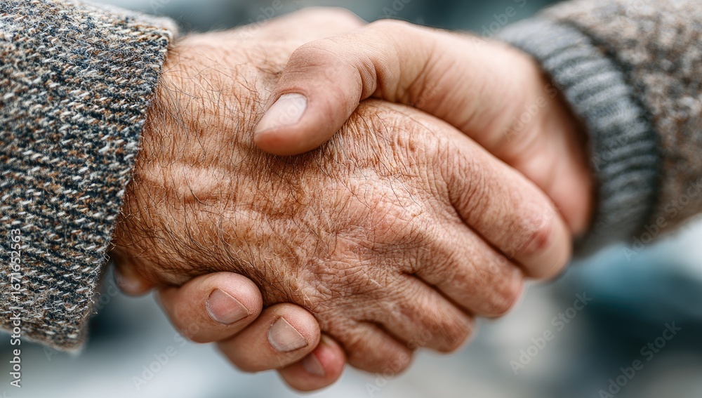 Fototapeta premium Close-up of two weathered hands shaking