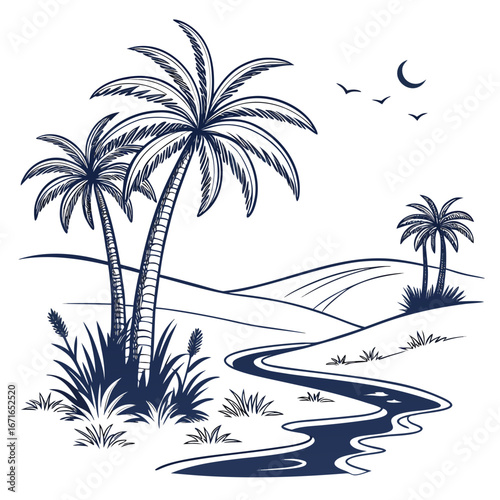 Vector art of serene desert landscape with palm trees, river, and moon, , a tranquil tropical oasis illustration